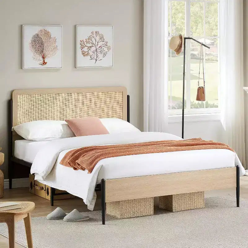 Acekool Full Rattan Bed Frame, Natural Rattan Headboard, Boho Platform, Under Bed Storage, No Box Spring Needed, White Oak