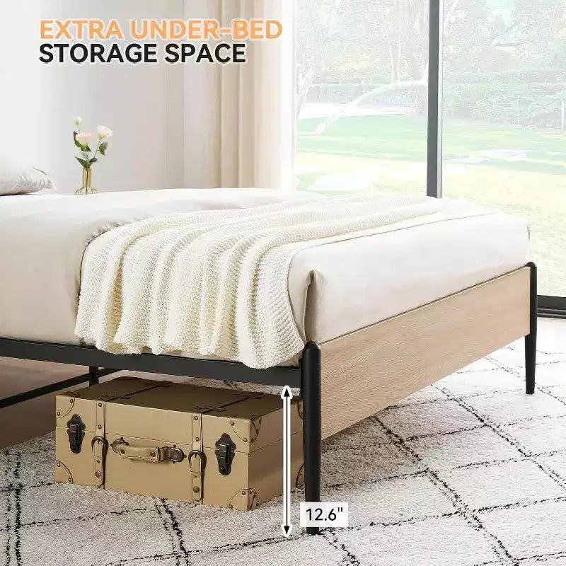 Acekool Full Rattan Bed Frame, Natural Rattan Headboard, Boho Platform, Under Bed Storage, No Box Spring Needed, White Oak