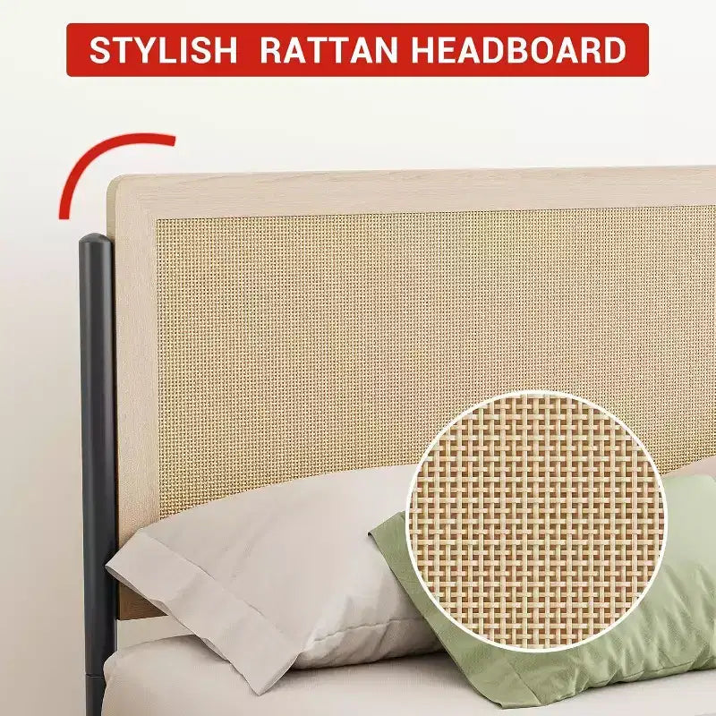 Acekool Full Rattan Bed Frame, Natural Rattan Headboard, Boho Platform, Under Bed Storage, No Box Spring Needed, White Oak