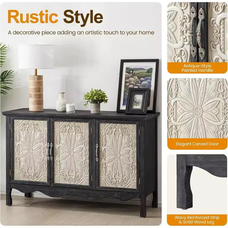RoyalCraft Farmhouse Sideboard Buffet Cabinet Solid Wood Credenza, 3 Door Storage Console Table for Dining Room Kitchen Entryway, 49 Inch, Black