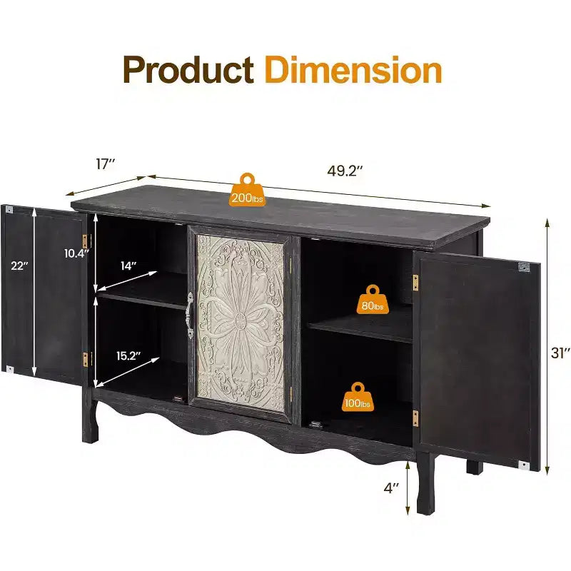 RoyalCraft Farmhouse Sideboard Buffet Cabinet Solid Wood Credenza, 3 Door Storage Console Table for Dining Room Kitchen Entryway, 49 Inch, Black