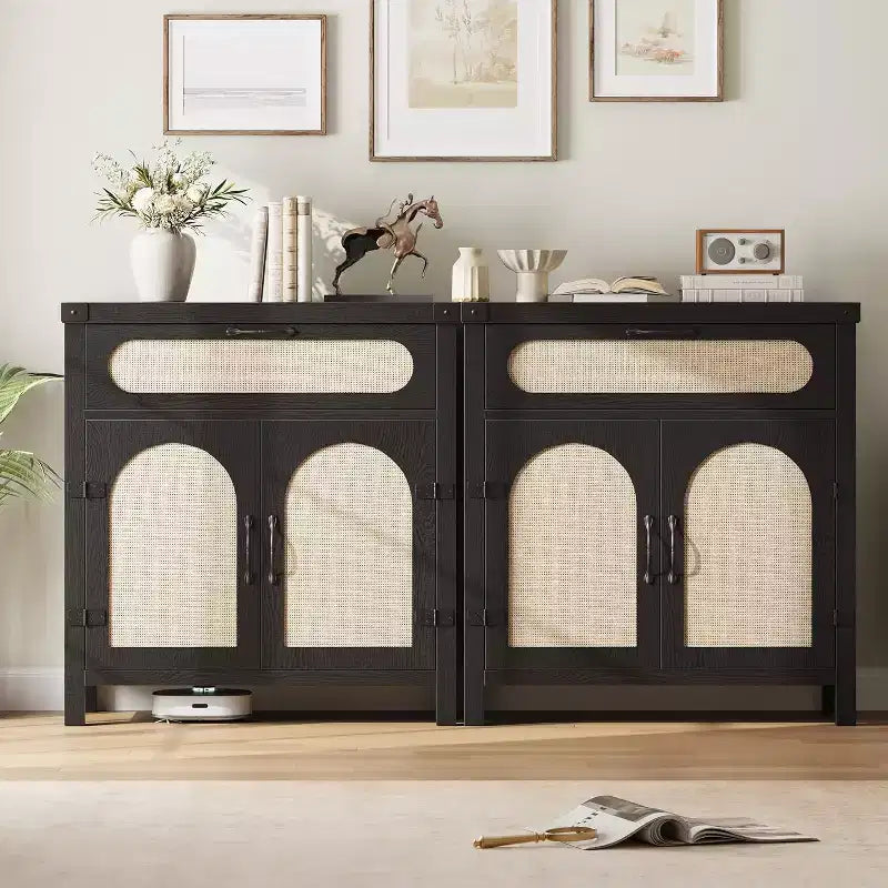 29.9 Small Rattan Buffet Cabinet with Drawer & Adjustable Shelves, Boho Farmhouse Sideboard, Kitchen Coffee Bar Cabinet with Doors, Black
