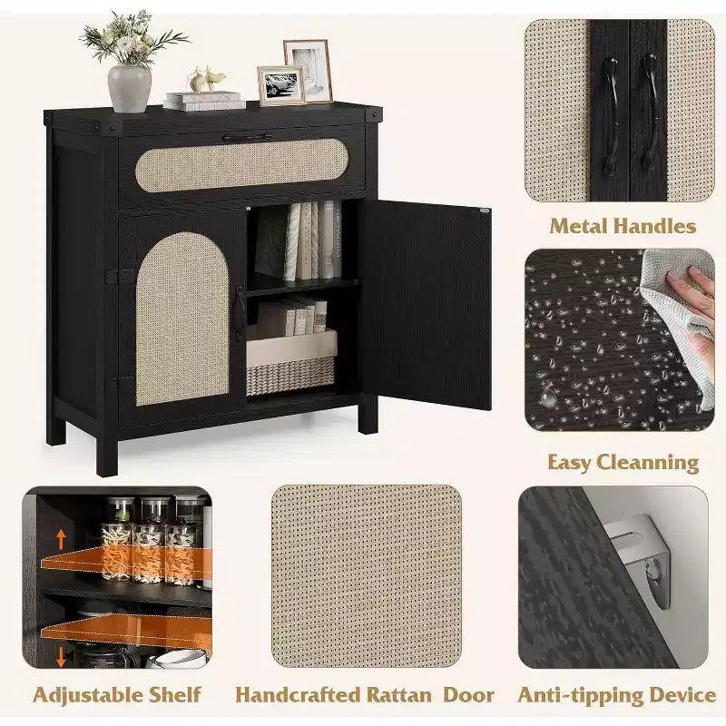 29.9 Small Rattan Buffet Cabinet with Drawer & Adjustable Shelves, Boho Farmhouse Sideboard, Kitchen Coffee Bar Cabinet with Doors, Black