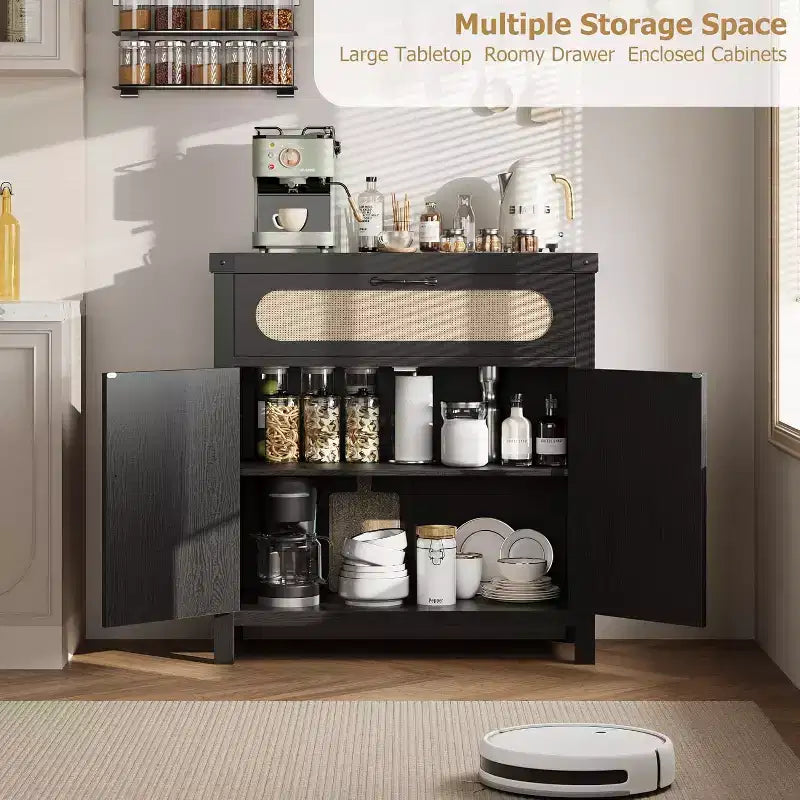 29.9 Small Rattan Buffet Cabinet with Drawer & Adjustable Shelves, Boho Farmhouse Sideboard, Kitchen Coffee Bar Cabinet with Doors, Black