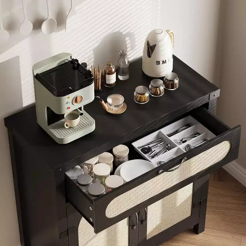 29.9 Small Rattan Buffet Cabinet with Drawer & Adjustable Shelves, Boho Farmhouse Sideboard, Kitchen Coffee Bar Cabinet with Doors, Black