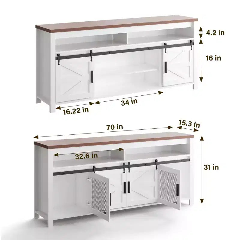GustoWave Farmhouse TV Stand, Heavy-Duty TV Console Media Cabinet with Adjustable Shelf & Sliding Barn Door for Living Room, Bedroom, White/Walnut