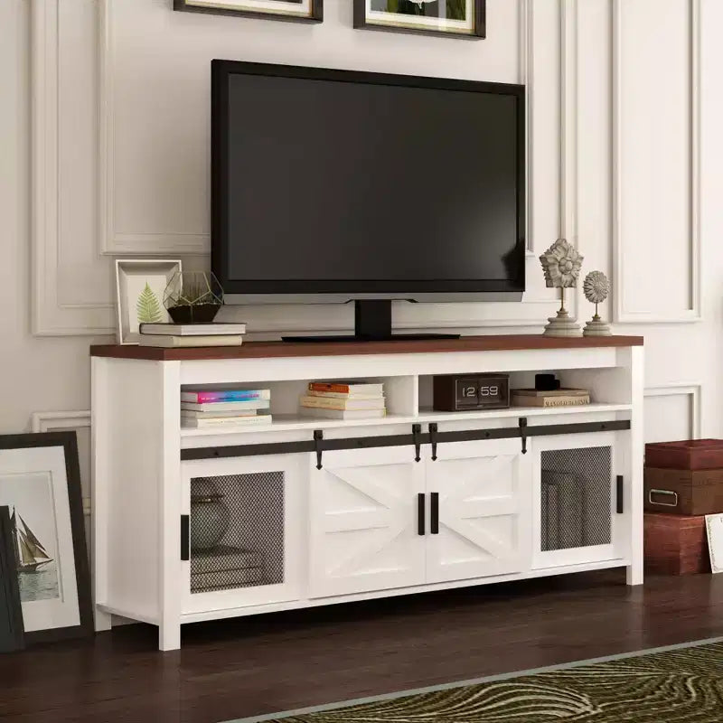 GustoWave Farmhouse TV Stand, Heavy-Duty TV Console Media Cabinet with Adjustable Shelf & Sliding Barn Door for Living Room, Bedroom, White/Walnut