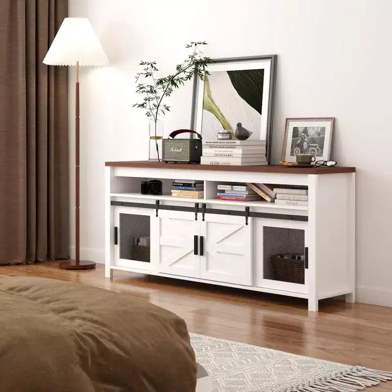 GustoWave Farmhouse TV Stand, Heavy-Duty TV Console Media Cabinet with Adjustable Shelf & Sliding Barn Door for Living Room, Bedroom, White/Walnut
