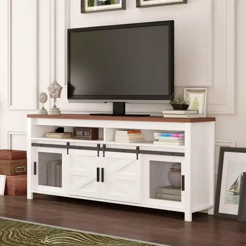 GustoWave Farmhouse TV Stand, Heavy-Duty TV Console Media Cabinet with Adjustable Shelf & Sliding Barn Door for Living Room, Bedroom, White/Walnut