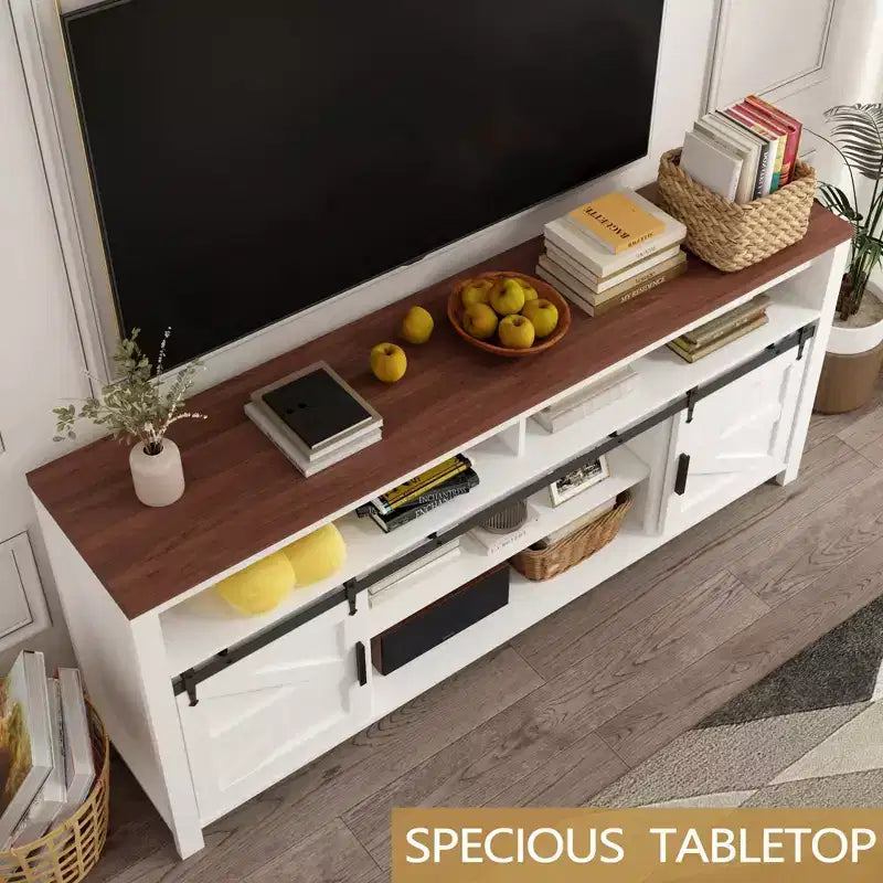 GustoWave Farmhouse TV Stand, Heavy-Duty TV Console Media Cabinet with Adjustable Shelf & Sliding Barn Door for Living Room, Bedroom, White/Walnut
