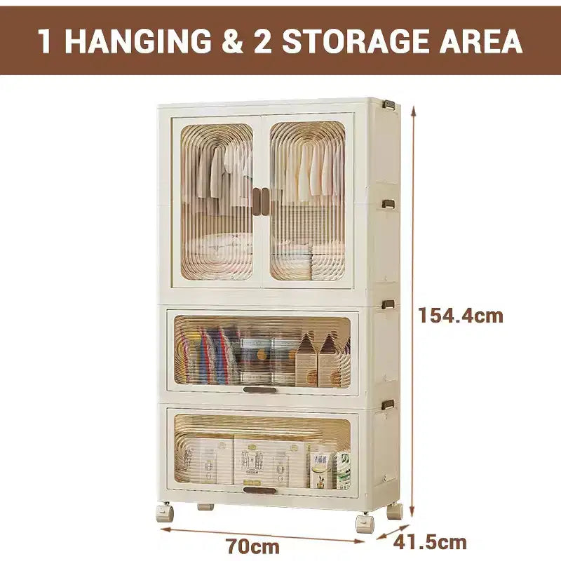 3-Tier Kids Wardrobe Closet w/Doors & Wheels - Portable Baby Clothes Organizer w/Hanging Rod & 10 Hangers