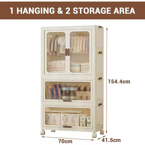 3-Tier Kids Wardrobe Closet w/Doors & Wheels - Portable Baby Clothes Organizer w/Hanging Rod & 10 Hangers