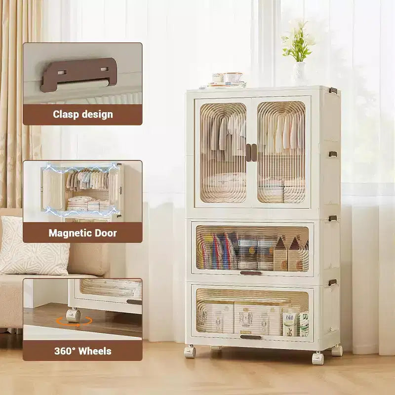 3-Tier Kids Wardrobe Closet w/Doors & Wheels - Portable Baby Clothes Organizer w/Hanging Rod & 10 Hangers