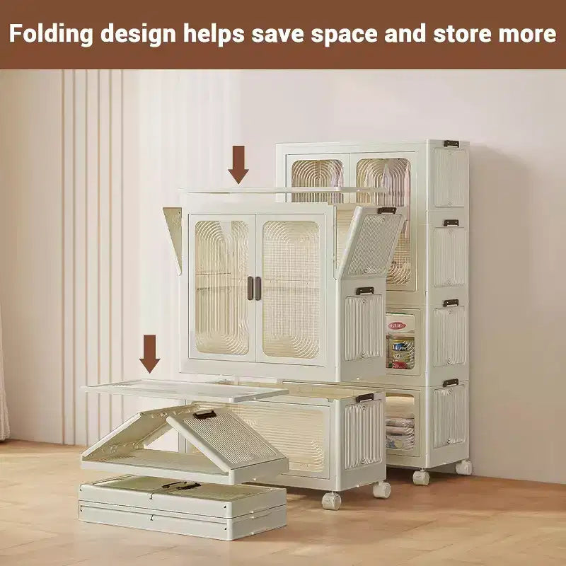 3-Tier Kids Wardrobe Closet w/Doors & Wheels - Portable Baby Clothes Organizer w/Hanging Rod & 10 Hangers