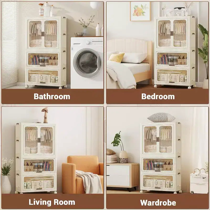 3-Tier Kids Wardrobe Closet w/Doors & Wheels - Portable Baby Clothes Organizer w/Hanging Rod & 10 Hangers