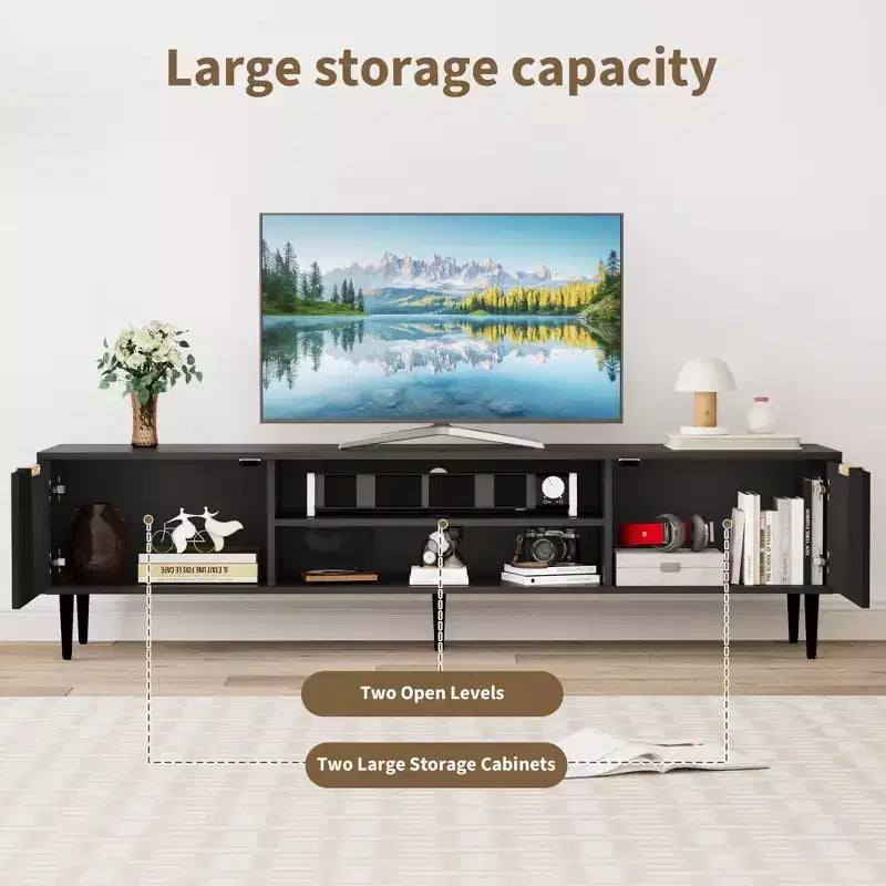 GustoWave Black TV Stand for up to 75 Inch TVs, Entertainment Center with Large Storage Cabinets for Bedroom, Office