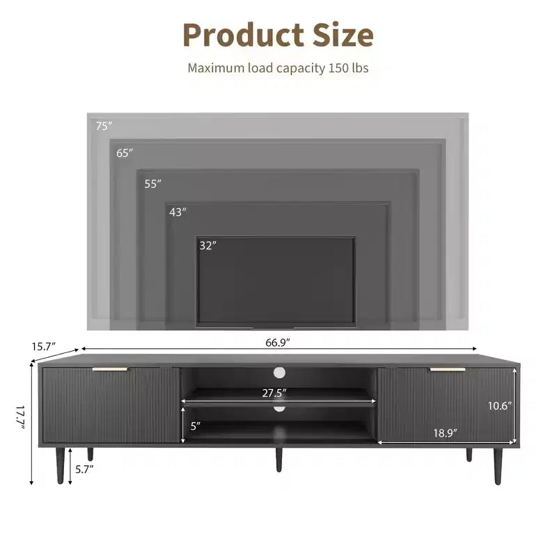 GustoWave Black TV Stand for up to 75 Inch TVs, Entertainment Center with Large Storage Cabinets for Bedroom, Office