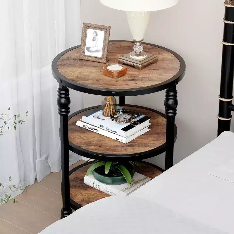 Acekool 3-Tier Round Side Table, Farmhouse End Table with Metal Legs for Bedroom & Living Room - Rustic Brown