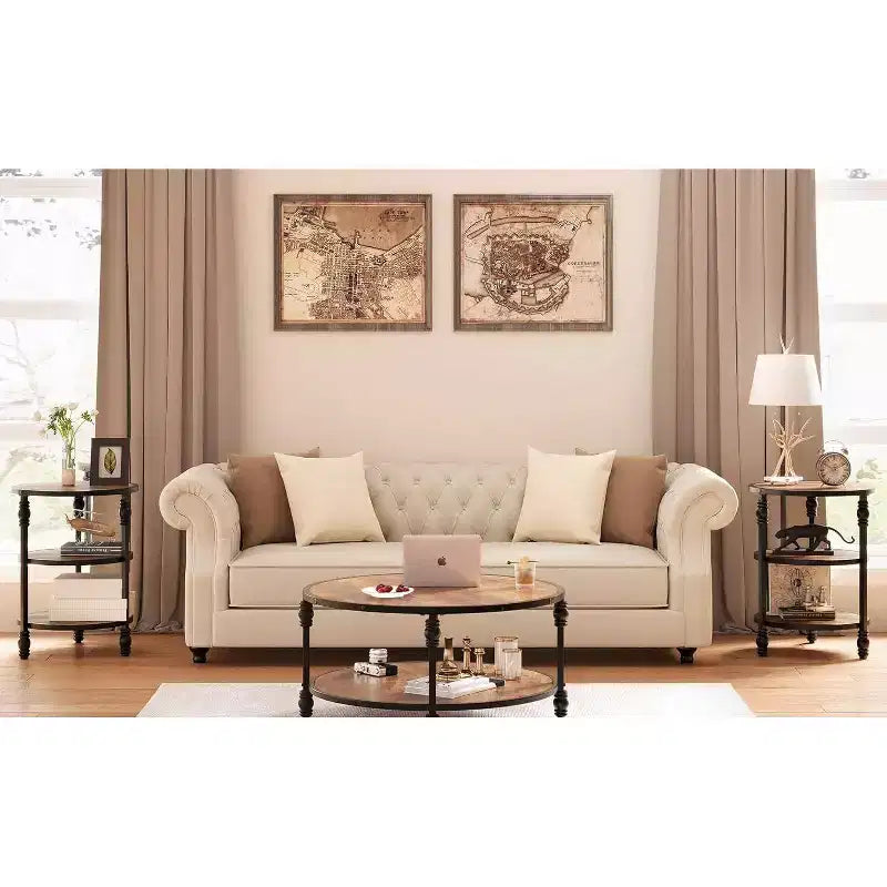 Acekool 3-Tier Round Side Table, Farmhouse End Table with Metal Legs for Bedroom & Living Room - Rustic Brown