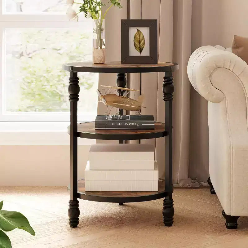 Acekool 3-Tier Round Side Table, Farmhouse End Table with Metal Legs for Bedroom & Living Room - Rustic Brown