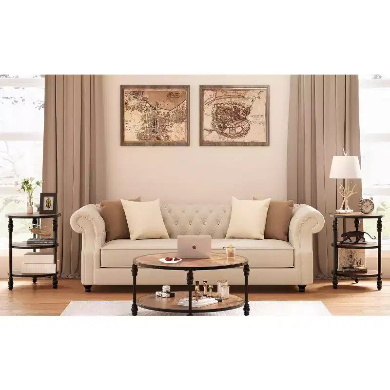 Acekool 3-Tier Round Side Table, Farmhouse End Table with Metal Legs for Bedroom & Living Room - Rustic Brown