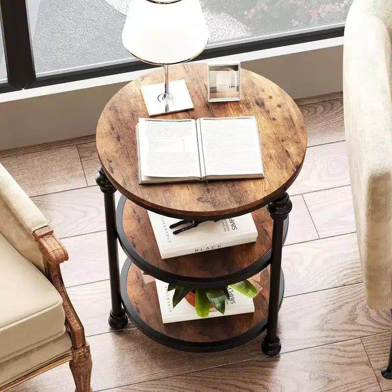 Acekool 3-Tier Round Side Table, Farmhouse End Table with Metal Legs for Bedroom & Living Room - Rustic Brown