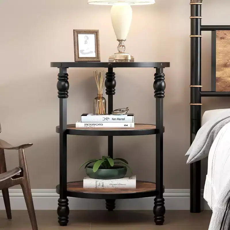Acekool 3-Tier Round Side Table, Farmhouse End Table with Metal Legs for Bedroom & Living Room - Rustic Brown