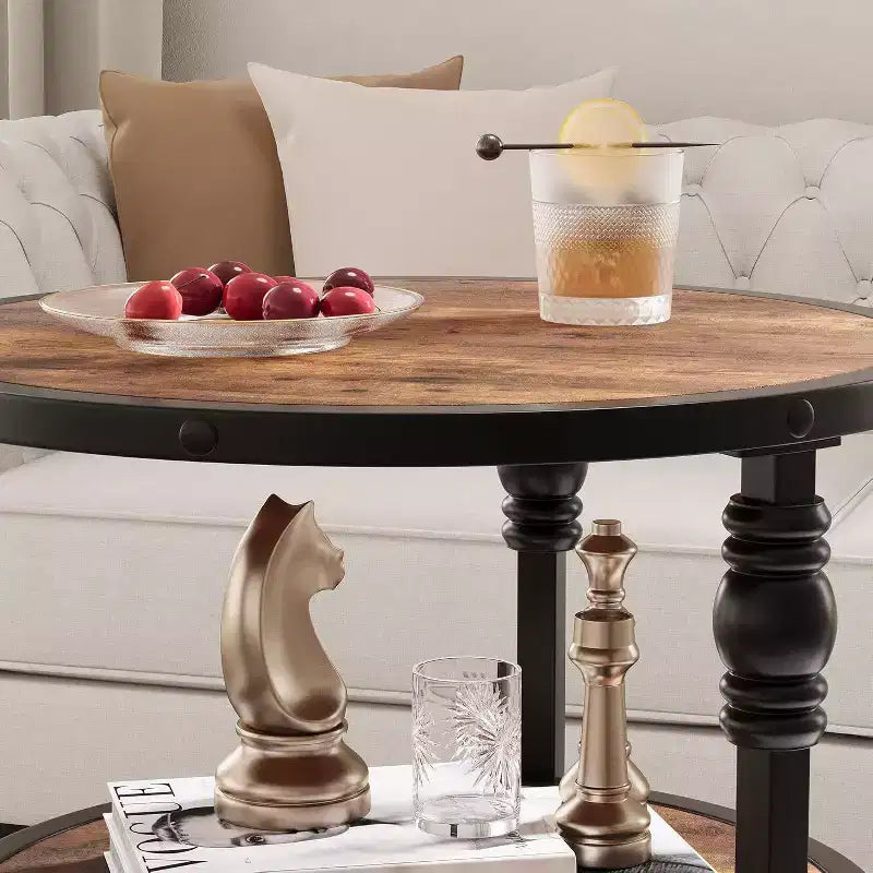 Acekool 3-Tier Round Side Table, Farmhouse End Table with Metal Legs for Bedroom & Living Room - Rustic Brown