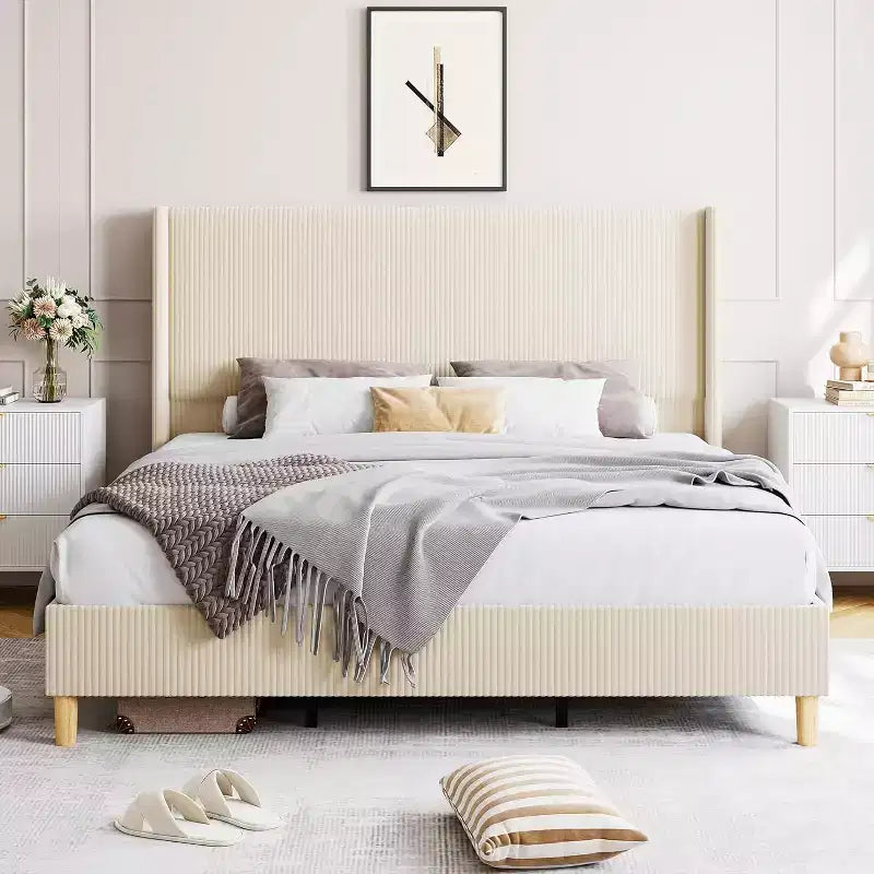 Full Bed Frame, Upholstered Platform Corduroy Bed Frame with Vertical Channel Tufted Wingback Headboard, Strong Wooden Slats, Easy Assembly, Beige