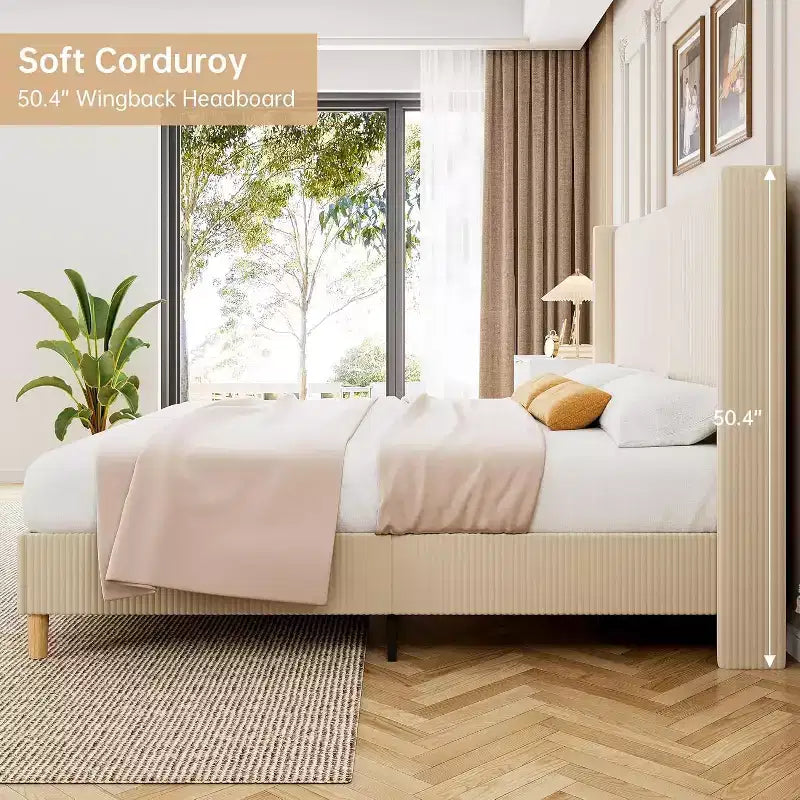 Full Bed Frame, Upholstered Platform Corduroy Bed Frame with Vertical Channel Tufted Wingback Headboard, Strong Wooden Slats, Easy Assembly, Beige