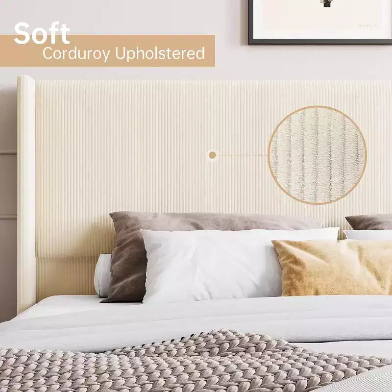 Full Bed Frame, Upholstered Platform Corduroy Bed Frame with Vertical Channel Tufted Wingback Headboard, Strong Wooden Slats, Easy Assembly, Beige