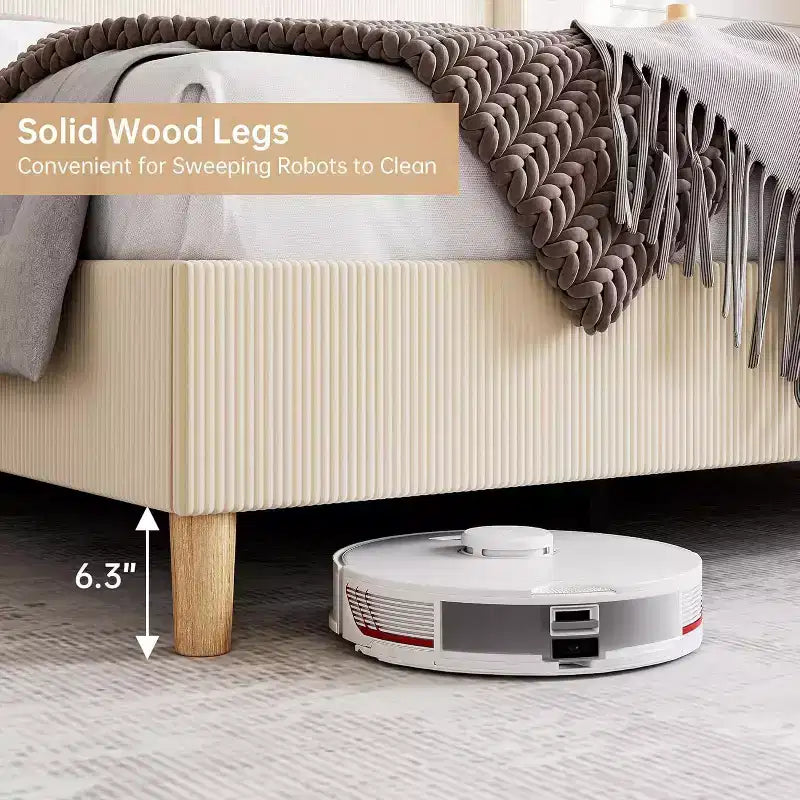 Full Bed Frame, Upholstered Platform Corduroy Bed Frame with Vertical Channel Tufted Wingback Headboard, Strong Wooden Slats, Easy Assembly, Beige