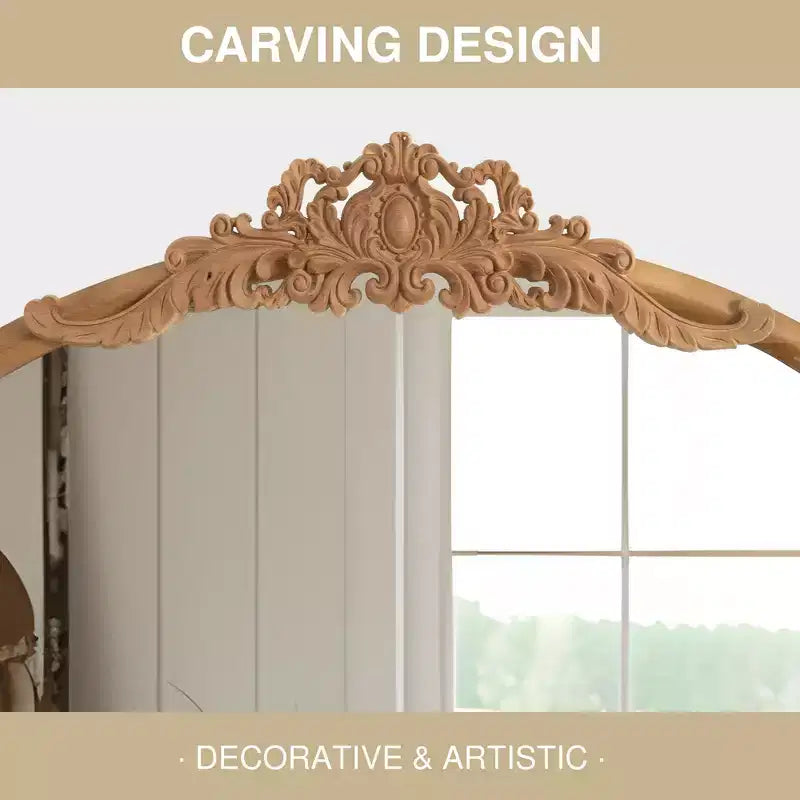 PexFix 37 in. W x 71 in. H Classic Carved Arch Wood Frame with Rattan Bottom Wall Mirror in Brown