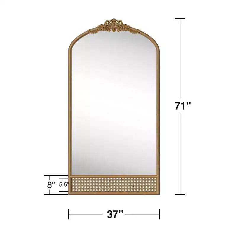 PexFix 37 in. W x 71 in. H Classic Carved Arch Wood Frame with Rattan Bottom Wall Mirror in Brown