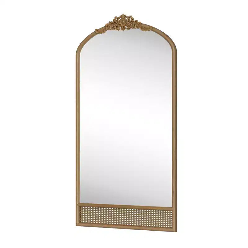 PexFix 37 in. W x 71 in. H Classic Carved Arch Wood Frame with Rattan Bottom Wall Mirror in Brown