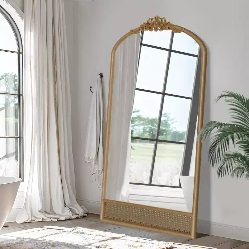 PexFix 37 in. W x 71 in. H Classic Carved Arch Wood Frame with Rattan Bottom Wall Mirror in Brown