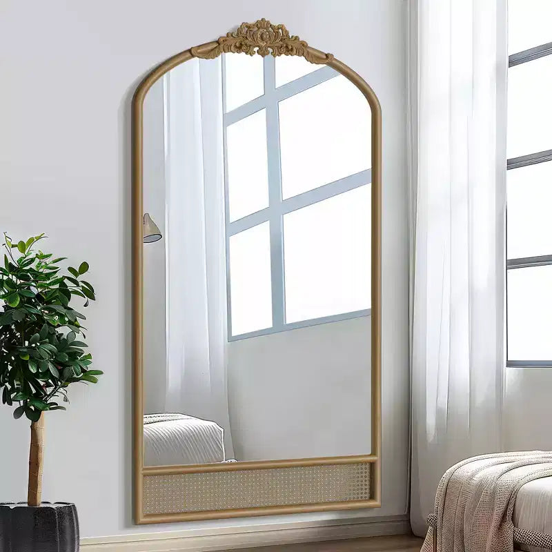 PexFix 37 in. W x 71 in. H Classic Carved Arch Wood Frame with Rattan Bottom Wall Mirror in Brown