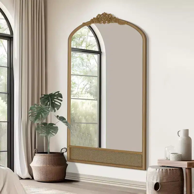 PexFix 37 in. W x 71 in. H Classic Carved Arch Wood Frame with Rattan Bottom Wall Mirror in Brown