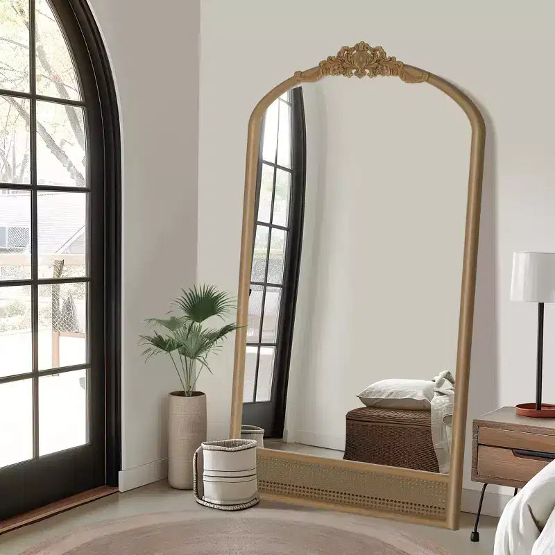 PexFix 37 in. W x 71 in. H Classic Carved Arch Wood Frame with Rattan Bottom Wall Mirror in Brown