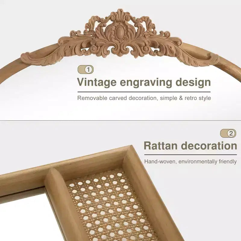 PexFix 37 in. W x 71 in. H Classic Carved Arch Wood Frame with Rattan Bottom Wall Mirror in Brown