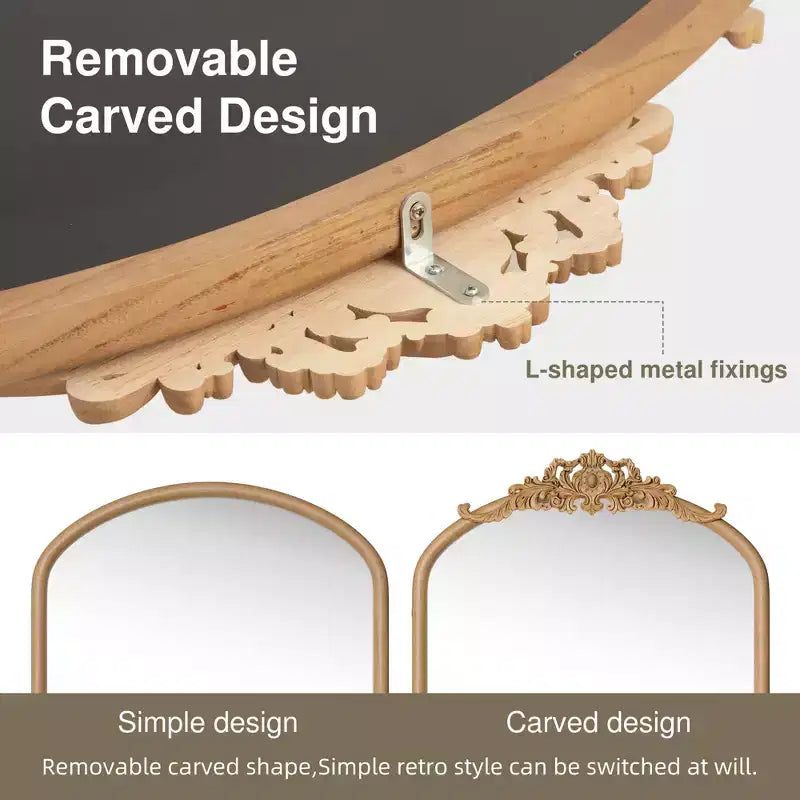 PexFix 37 in. W x 71 in. H Classic Carved Arch Wood Frame with Rattan Bottom Wall Mirror in Brown