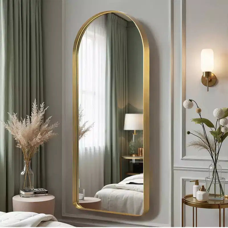 PexFix 32 in. W x 71 in. H Deep Modern Arch Framed Full Length Mirror with Rounded Corners in Gold