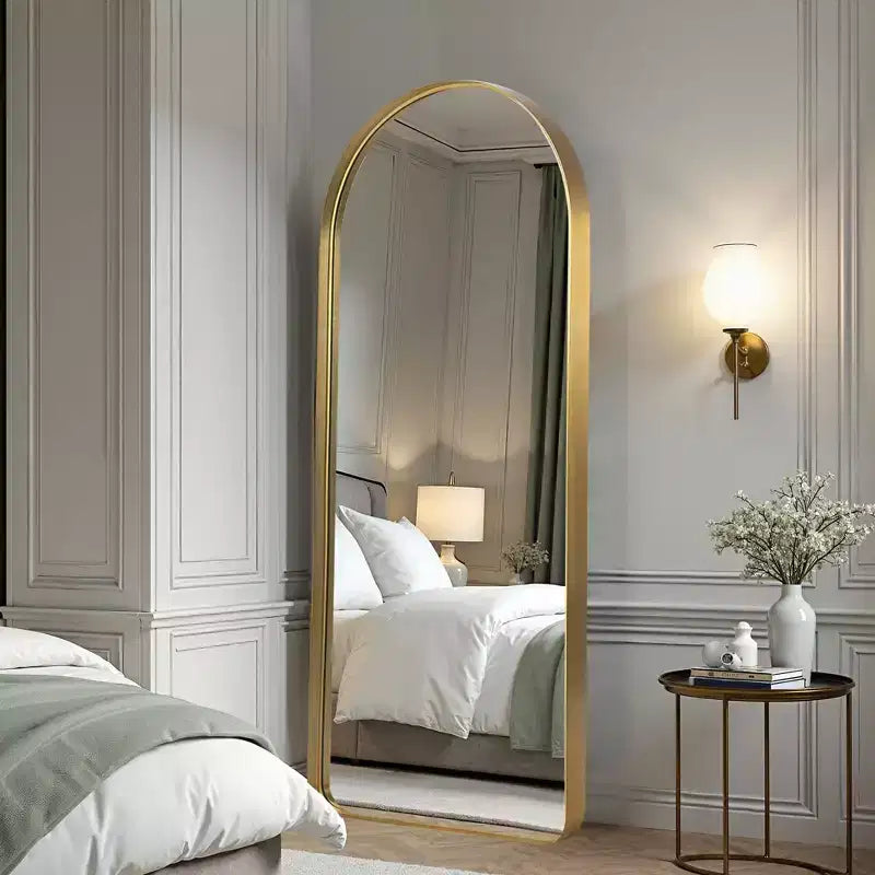 PexFix 32 in. W x 71 in. H Deep Modern Arch Framed Full Length Mirror with Rounded Corners in Gold
