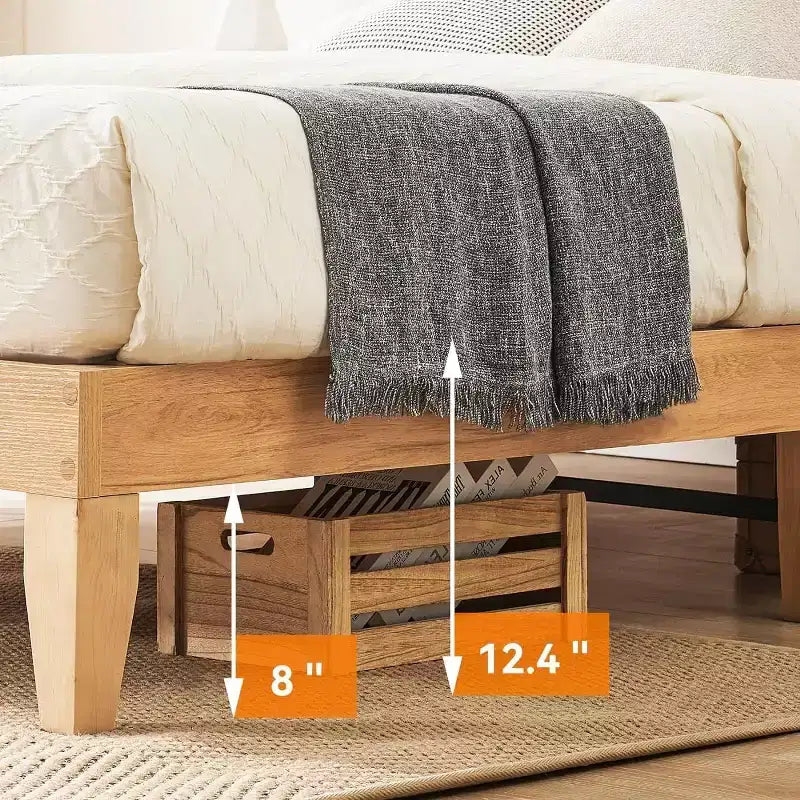 Acekool Rattan Bed Frame with Natural Headboard, LED Lights, Solid Wood Slats, Storage Space, No Box Spring Needed