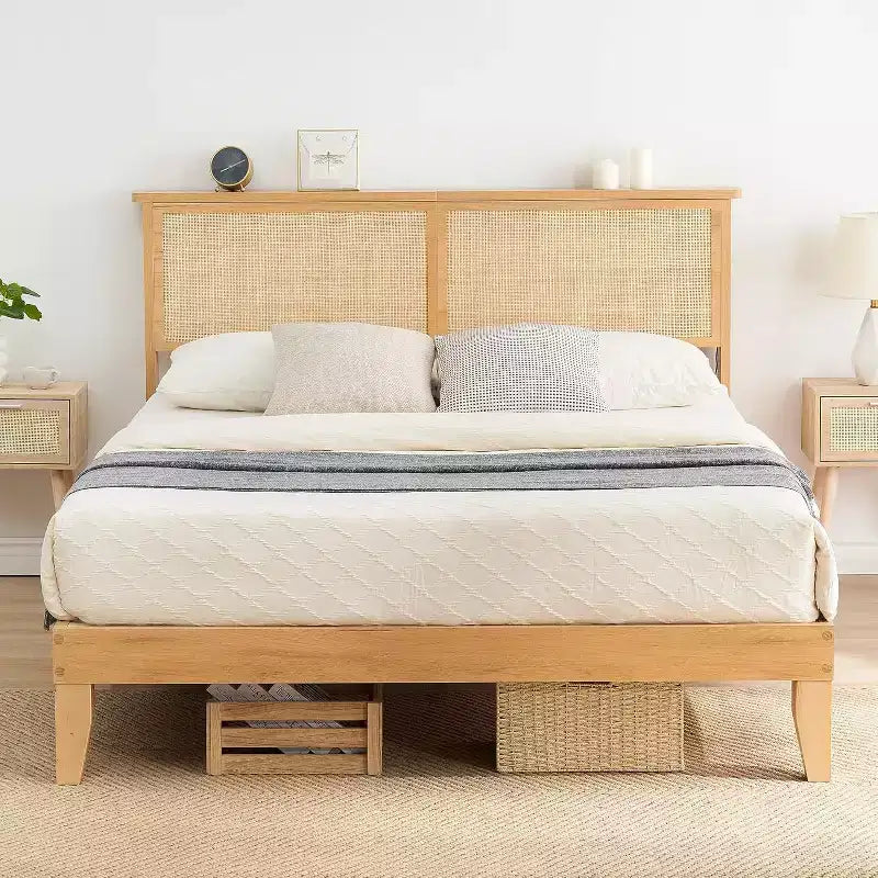 Acekool Rattan Bed Frame with Natural Headboard, LED Lights, Solid Wood Slats, Storage Space, No Box Spring Needed