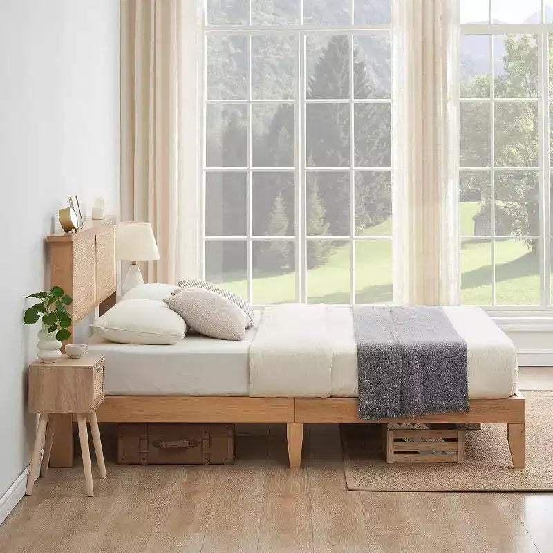 Acekool Rattan Bed Frame with Natural Headboard, LED Lights, Solid Wood Slats, Storage Space, No Box Spring Needed