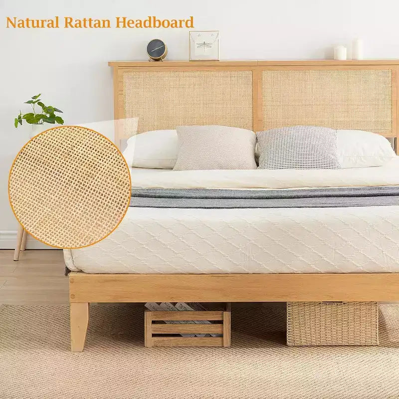 Acekool Rattan Bed Frame with Natural Headboard, LED Lights, Solid Wood Slats, Storage Space, No Box Spring Needed