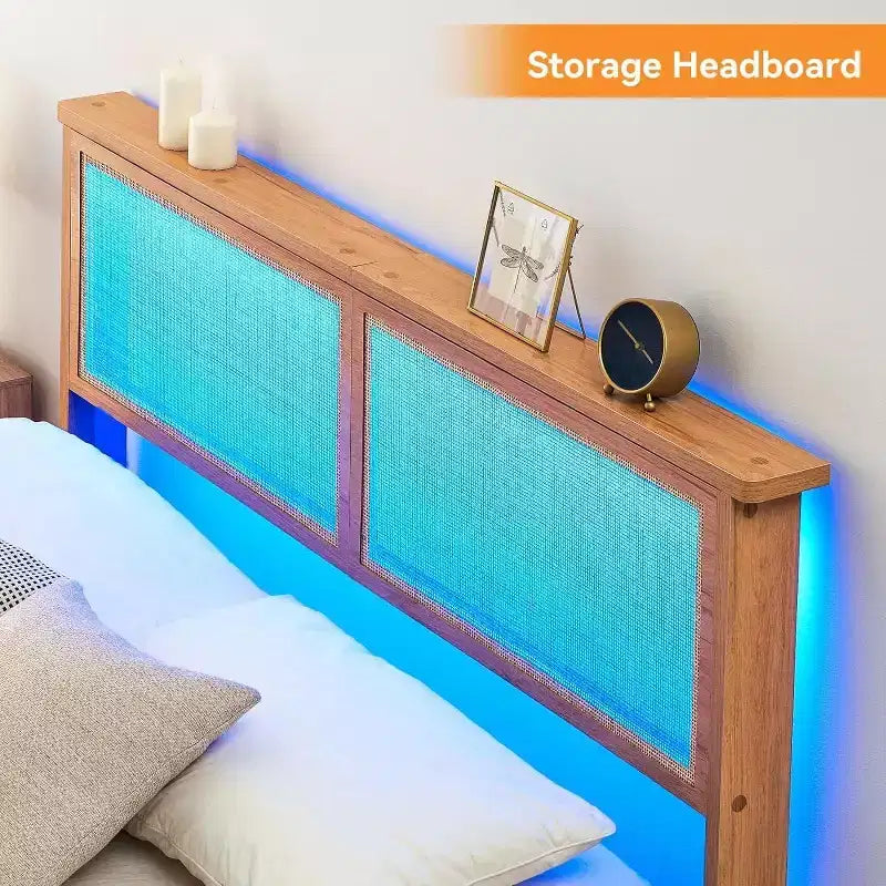 Acekool Rattan Bed Frame with Natural Headboard, LED Lights, Solid Wood Slats, Storage Space, No Box Spring Needed