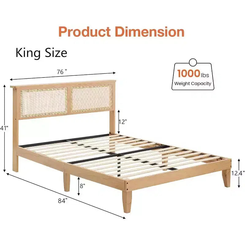 Acekool Rattan Bed Frame with Natural Headboard, LED Lights, Solid Wood Slats, Storage Space, No Box Spring Needed