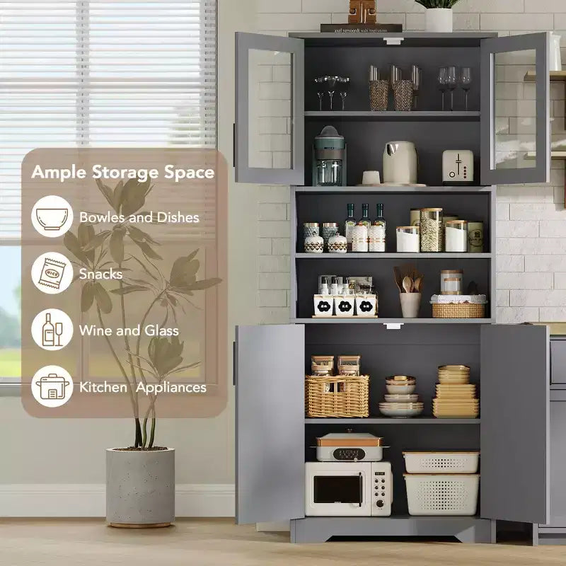 Kitchen Pantry Cabinet, Wood Coffee Bar Cabinet with 4 Doors and 1 Drawer, Farmhouse Storage Cabinet